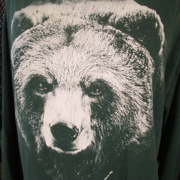 90s Big Bear vintage tshirt Glow in the Dark long sleeve t shirt worn distressed print dark green cotton knit XL