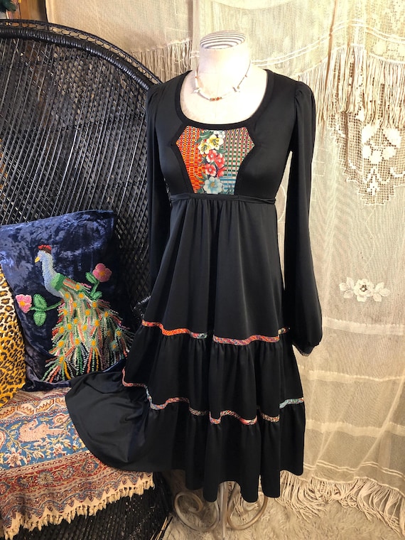 Black Knit 70s Boho Dress Floral Peasant Vintage Dress Empire Style Puffy Sleeves Full Skirt 70s Boho Peasant Dress S XS