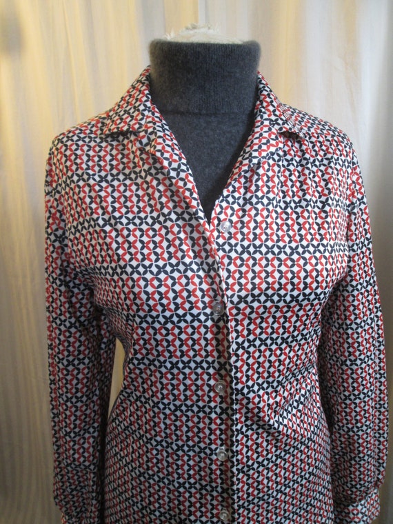 Geometric print Vintage 70s Blouse Red and White m