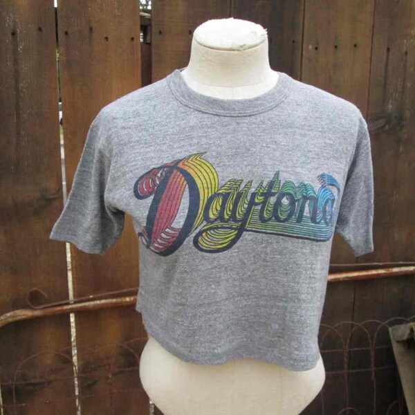 Soft thin 70s gray T shirt Vintage Daytona Rainbow Crop shirt Tri Blend Cropped T Shirt Rayon tri blend USA Cropped Tee  M