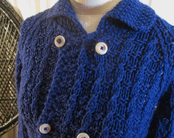 Handknit 50s Cardigan vintage Sweater soft royal blue nautical vibe db wood buttons Cardigan knit M