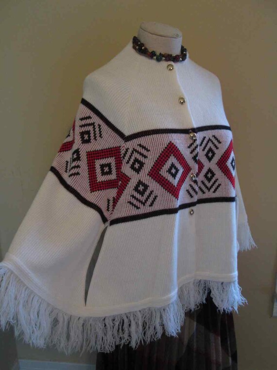 Vintage 60s Fringe Poncho White Cape Gold buttons… - image 4