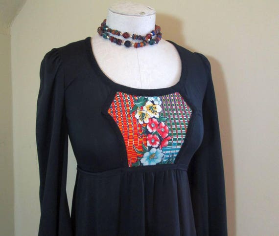 Black Knit 70s Boho Dress Floral Peasant Vintage Dress Empire - Etsy