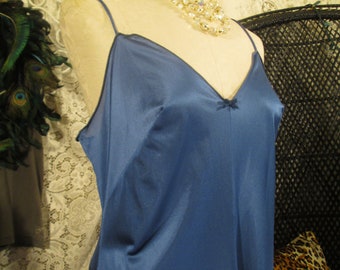 Royal Blue Slip silky nylon satin deep V neckline vintage 70s Blue Nightgown Antron III 1970s Vintage Wedding lingerie nylon slip M 36