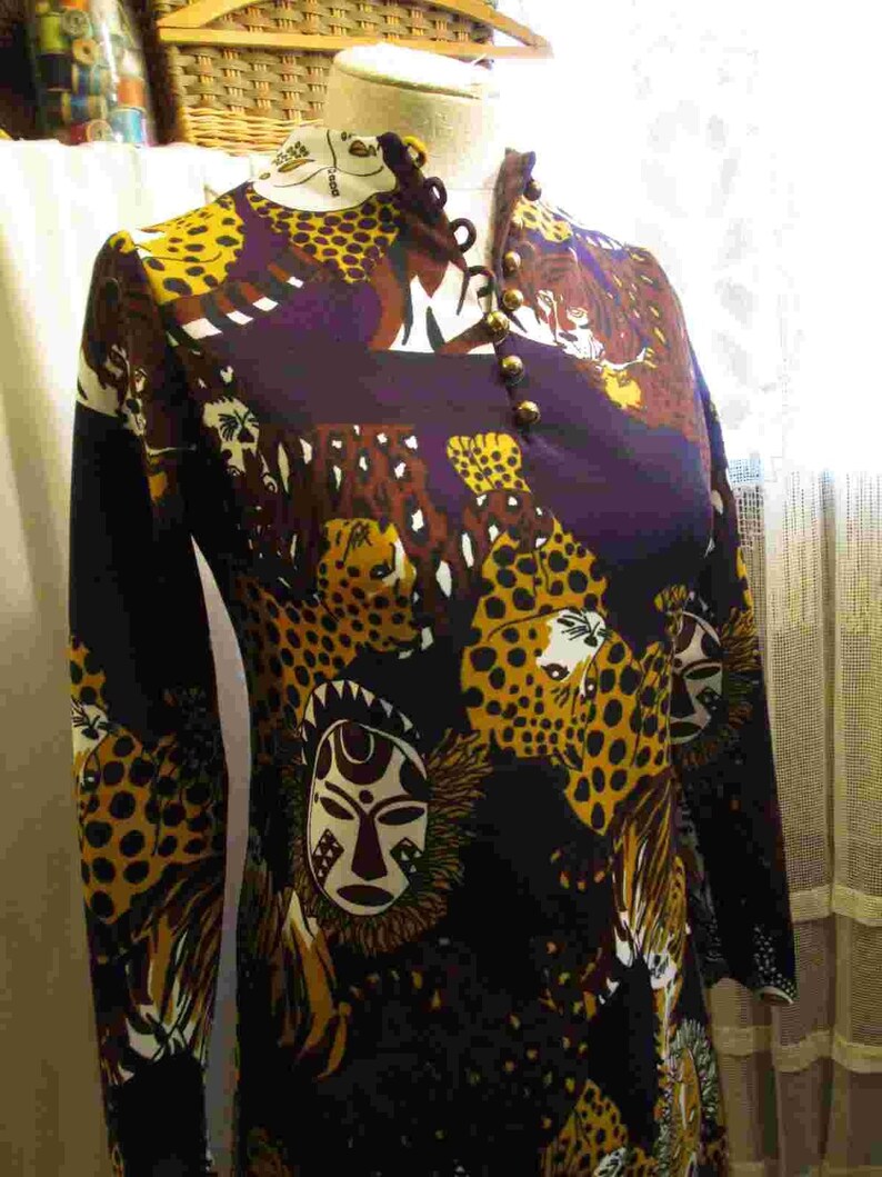 African masks Vintage 70s Leopard Print dress Button and loop autumn tones long sleeves vintage Dress 70s mini Party Dress S