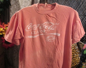 80s Coca Cola Classic Tshirt  Vintage Coke faded distressed cotton Soft pink vintage T shirt  M