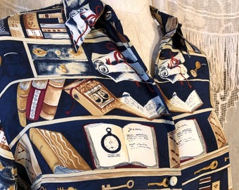 Blusa de seda vintage de los 90, libros de biblioteca, camisa estampada azul y marrón, talla M
