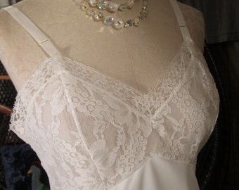 70s White Lace Slip A line Sears silky nylon V top lace Doesn't Slip Black 1970s Vintage Wedding lingerie nylon slip 36