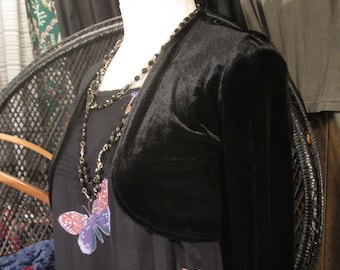 90s Vintage Shrug Black Velvet Bolero 90s black shrug short cropped velvet silver knit jacket  M