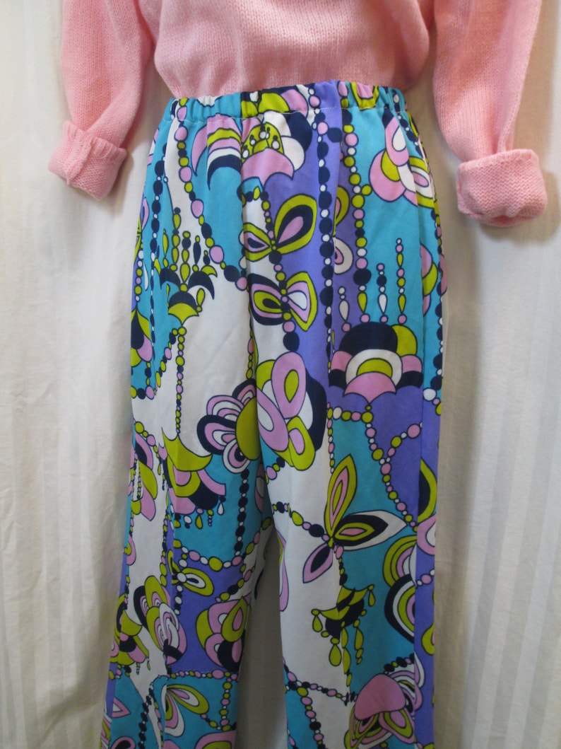 Vintage Mod Psychedelic pants 60s Wild Floral Big Pink and Blue 1960s Modern print Pants S M
