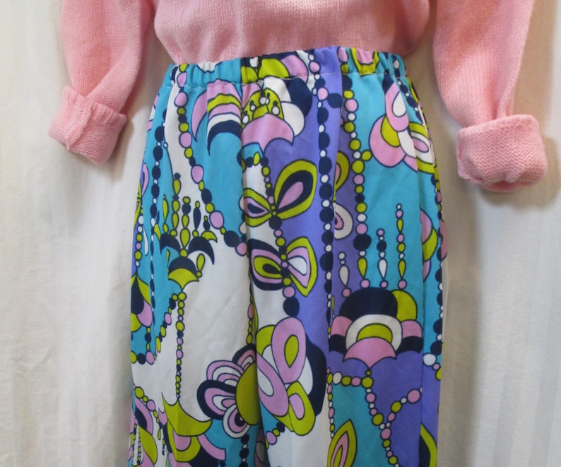 Vintage Mod Psychedelic pants 60s Wild Floral Big Pink and Blue 1960s Modern print Pants S M