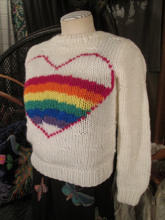 80s Rainbow Heart Sweater white textured pullover 