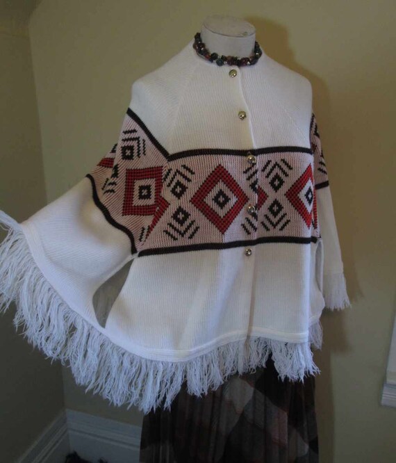 Vintage 60s Fringe Poncho White Cape Gold buttons… - image 1