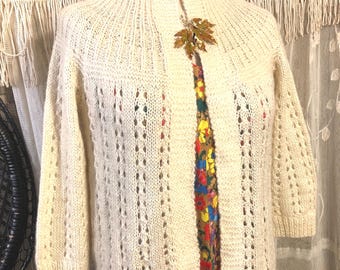 Romig oogje jaren 50 vest vintage trui zachte pluizige handgebreide ivoor wollen trui vintage wol gebreid M