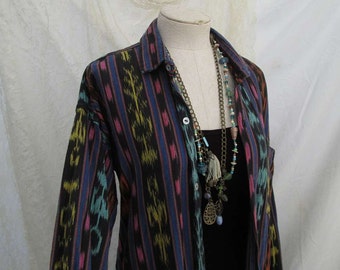 Ikat 90s Vintage Black blouse Guatemala vintage 90s blouse geometric boho cotton shirt  M