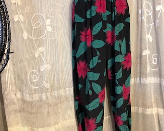 Vintage Tropical Floral silk Trousers 70s tapered ankle Disco pants S M