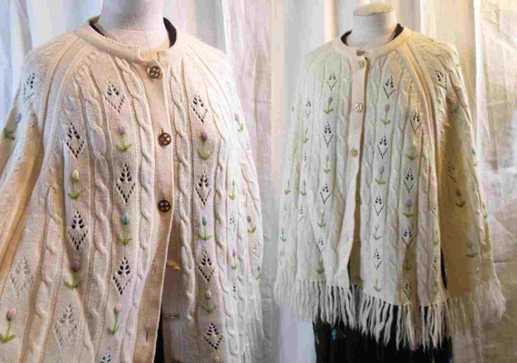 Vintage 60s Cape White wool knit Pastel flowers e… - image 1