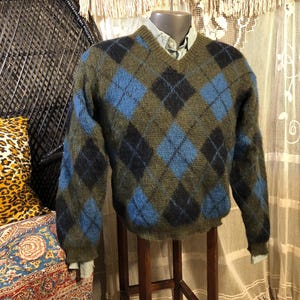 60s Vintage Mohair Sweater Argyle Blue Moss Green Shaggy Vintage V 