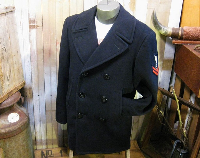 40s 50s Vintage Military Pea Coat Stenciled Name Navy Wool Jacket 38 R