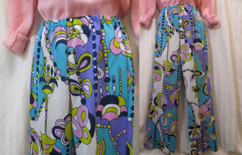 Vintage Mod Psychedelic pants 60s Wild Floral Big Pink and Blue 1960s Modern print Pants S M