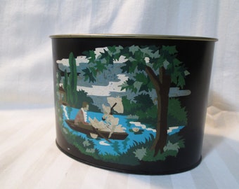 Handpainted Plant Pot Vintage 50s Boat on a Lake theme with a tree paint by number Black metal pot People in a Boat blue lake Oval pot