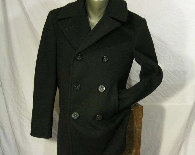 Vintage Military Pea Coat 70s Navy Kersey Wool Jacket 36 Etsy