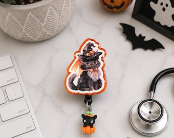 Porta-insignias de Halloween de gato negro hecho a mano