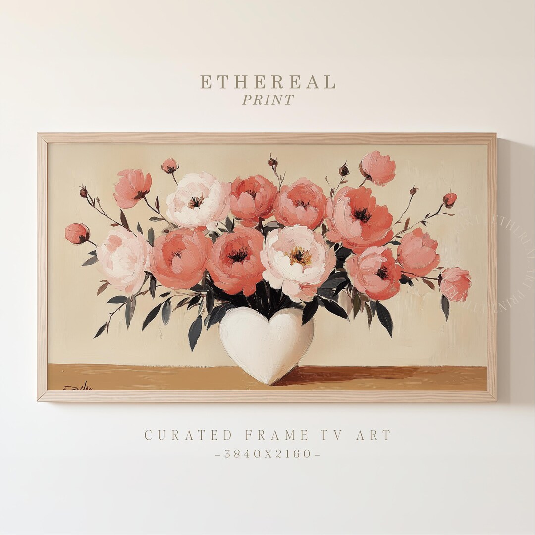 Romantic Floral Valentines Day Frame Tv Art Heart Vase Peonies