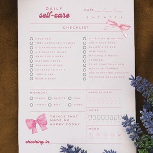 Printable self-care tracker and mood tracker that helps people keep track of daily health and well-being goals. The pink self care tracker includes a list of daily self care activities along with a mood ranking, water tracker and notes section. The one-page self care goals tracker is printable and can be used as a planner page, health journal page, or on its own. The care tracker is an instant download digital file and can be print at home on regular sized printer paper.