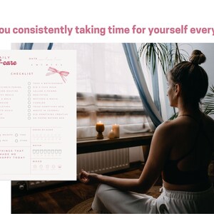The Printabl Mood Tracker and Self Care Checklist is a good reminder for women to take time out for themselves daily. This image shows a woman at a desk meditating with the self-care tracker in the corner.