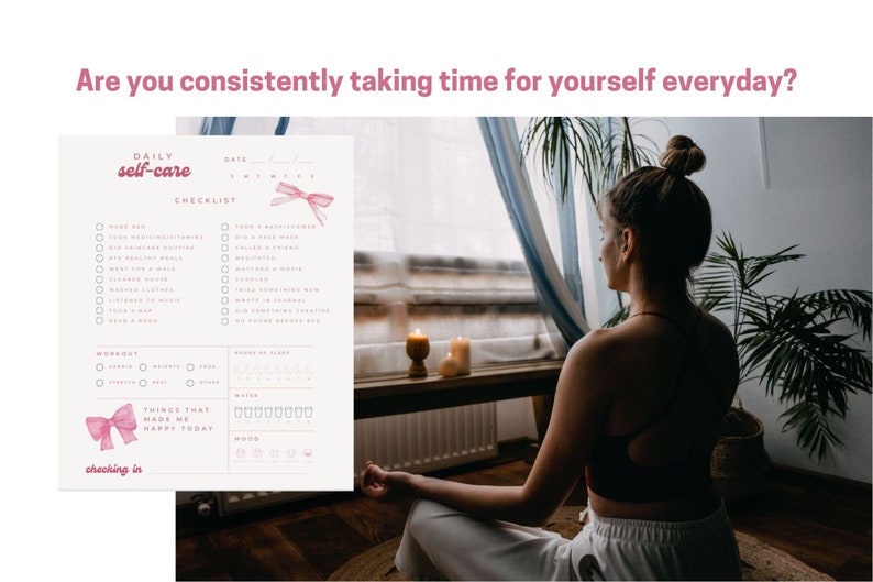 The Printabl Mood Tracker and Self Care Checklist is a good reminder for women to take time out for themselves daily. This image shows a woman at a desk meditating with the self-care tracker in the corner.