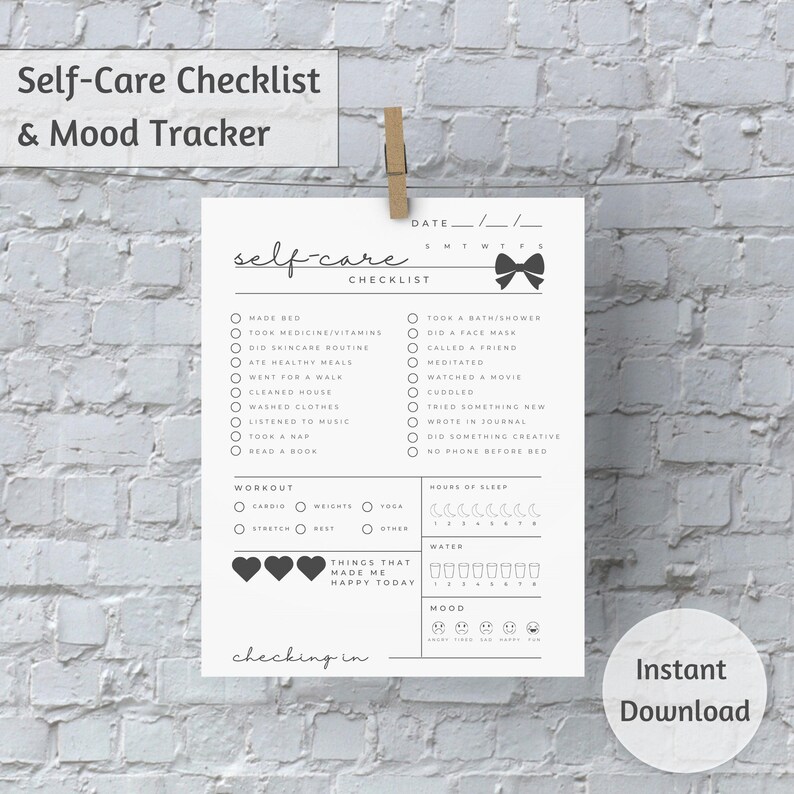 Printable Self-care Checklist - Daily Self Care Tracker - Black and ...