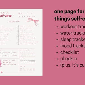 Print out workout tracker and self-care tracker for use as a journal page, planner pages or a one-page wellness tracker. The self-care tracker features a pink aesthetic with spaces for tracking mood and water intake as well as self wellness tasks.