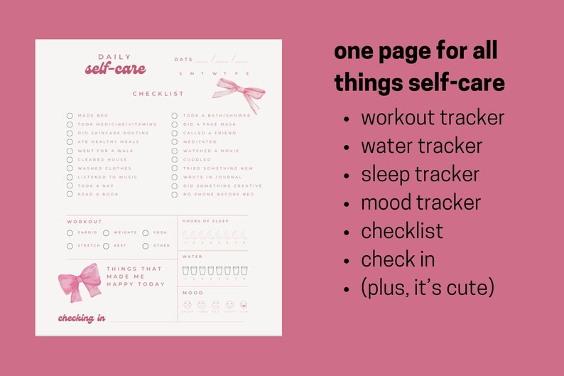 Print out workout tracker and self-care tracker for use as a journal page, planner pages or a one-page wellness tracker. The self-care tracker features a pink aesthetic with spaces for tracking mood and water intake as well as self wellness tasks.