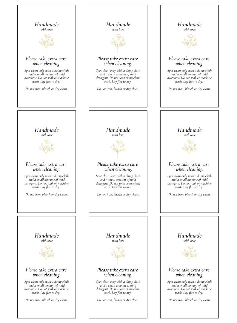 full sheet of Printable Care Cards for Handmade Knits - Washing Instructions for Crochet Hats - Care Tags for Knit Hats - Printable Spot Clean Only Cards - Handmade with Love Hang Tag for Knit Hat - Hang Tag for Crochet gift