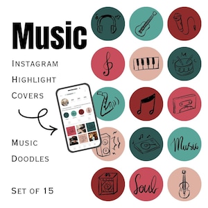 May include: Set of 15 Instagram highlight covers with music-themed doodles. The design includes a smartphone displaying the covers, along with illustrations of musical instruments and the word "Music". The color palette includes red, teal, and white.