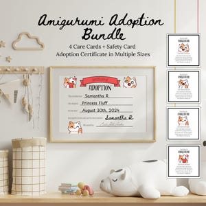 Ultimatives Amigurumi Verkaufspaket - 4 Amigurumi Pflegekarten, 1 Amigurumi Sicherheitskarte und 1 Amigurumi Adoption Zertifikat (3 Größen) - Printable