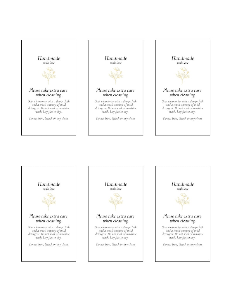 full sheet of Printable Care Cards for Handmade Knits - Washing Instructions for Crochet Hats - Care Tags for Knit Hats - Printable Spot Clean Only Cards - Handmade with Love Hang Tag for Knit Hat - Hang Tag for Crochet gift