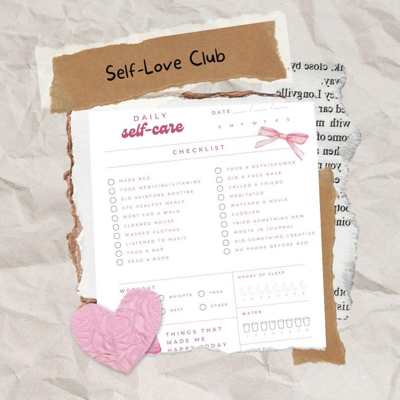 Cute self-love tracker for keeping track of daily self-care and wellness. The water tracker and mood tracker can be used to see trends over time while the daily checklist for self-care tasks is a good reminder of what women can do for their well-being daily.