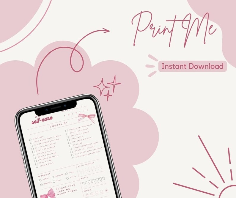 This daily self-care tracker can be printed from your phone or computer. Purchase through the Etsy app or browser and then download instantly and start using right away. This is a diy print out self-care tracker that can be printed at home for daily use.