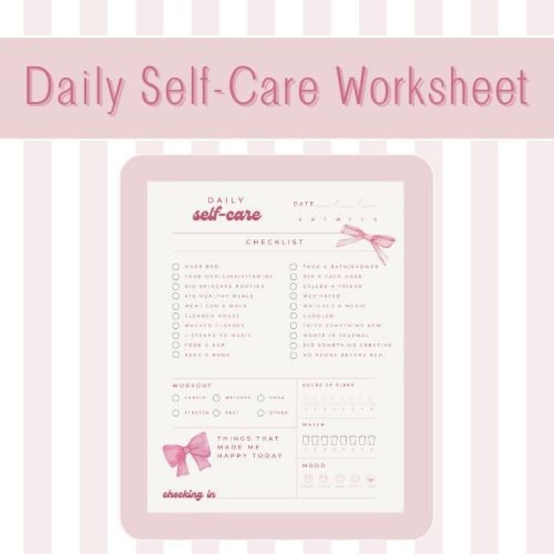Pink daily self-care worksheet for women to use as part of a self love journal or as a planner page for wellness. The one-page self care tracker includes a water tracker and mood tracker, plus selfcare tasks to do on the daily. This wellness tracker is designed for women to use in their daily self-care routine.