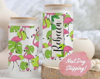 Personalized Flamingo Glass Cup, Custom Flamingo Frosted Glass Cup Tumbler Gifts for Flamingo Lover Flamingo Birthday Gifts Pink Flamingo