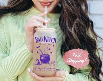 Personalized Bad Witches Club Glass Cup Frosted Custom Witch Glass Tumbler Mug Halloween Gift Halloween Witch Drink Up Coffee Cup Gift Mug