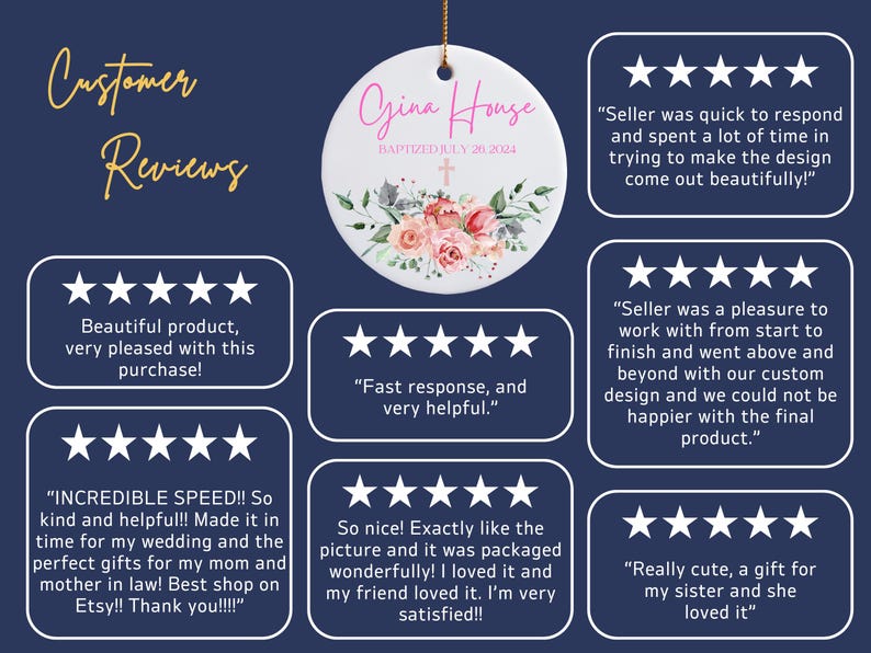 May include: Five customer reviews with five stars each for a personalized ceramic ornament with a floral design and the text "Gina House Baptized July 26, 2024".