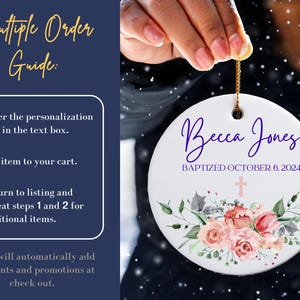 May include: White ceramic ornament with a floral design and the text "Becca Jones Baptized October 6, 2024".