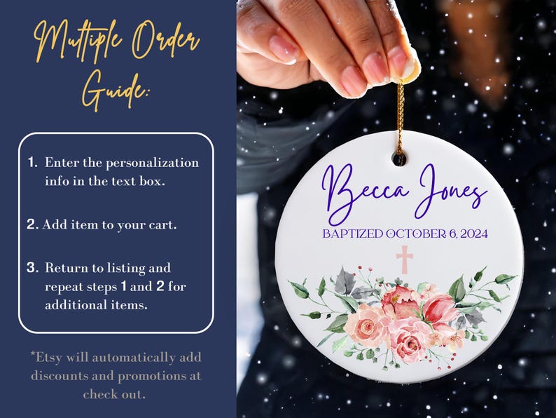 May include: White ceramic ornament with a floral design and the text "Becca Jones Baptized October 6, 2024".