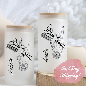 Hair Stylist Glass Cup, Personalized Hairdresser Gifts for Hair Stylist Custom Hair Stylist Frosted Tumbler Mug Gift for Hair Hustler Gifts