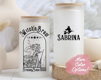 Personalized Witch's Brew Glass Cup Frosted Custom Witch Glass Tumbler Mug Halloween Gift for Halloween Witch Salem 1692 Coffee Cup Gift Mug