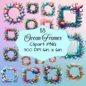 May include: 18 ocean-themed frames with various designs, including seashells, coral, starfish, seaweed, fish, and an octopus. The frames are in a variety of shapes and sizes, and are perfect for adding a touch of the ocean to your crafts and projects. 300 DPI 6in. x 6in. Clipart PNG.