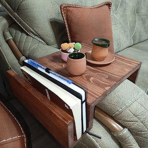Wood Couch Armrest Table with Magazine Stand: Sofa Tray